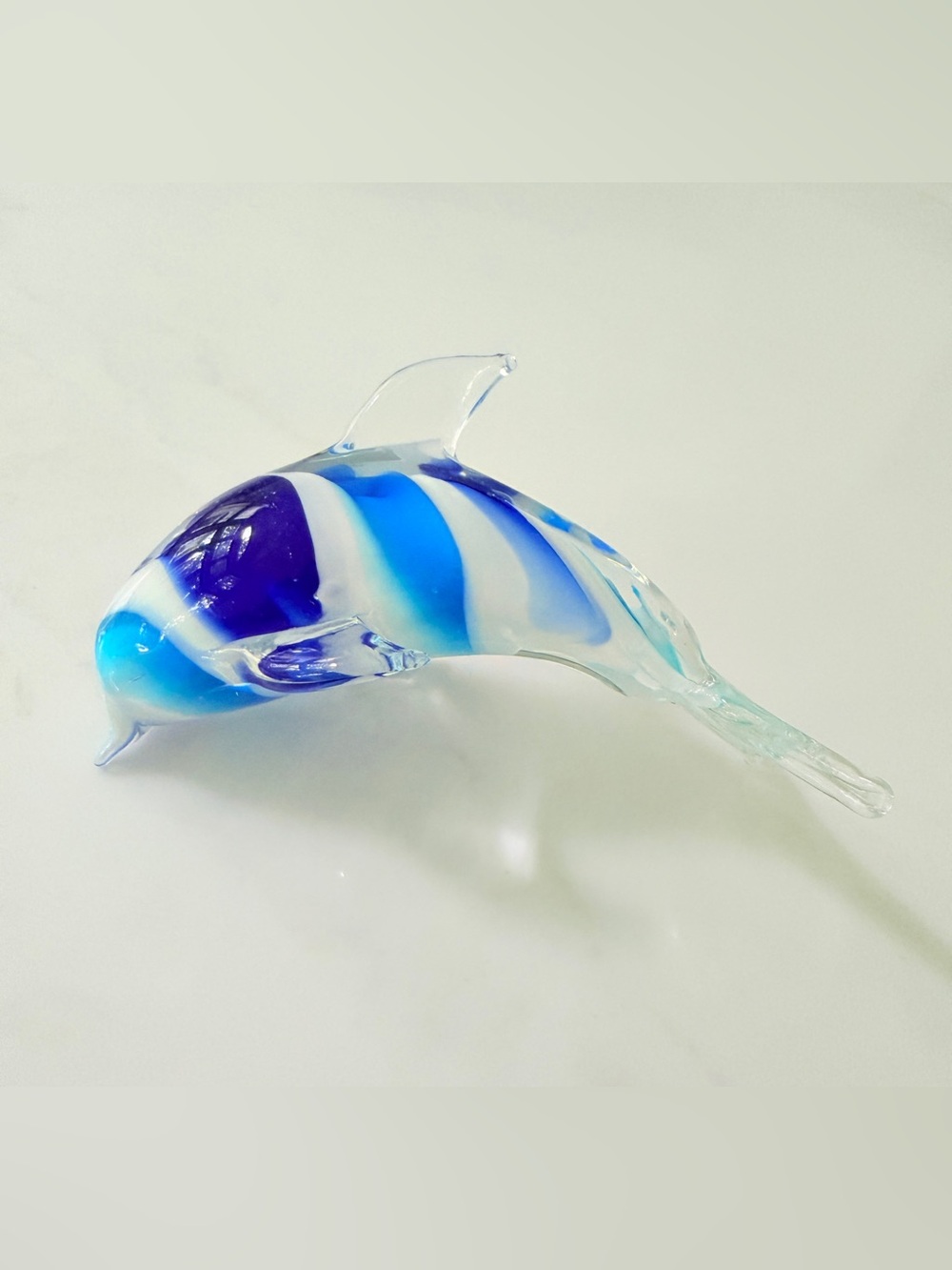 Glass Dolphin Figurine Blue Swirls Vintage 1990s Hand Blown 6"